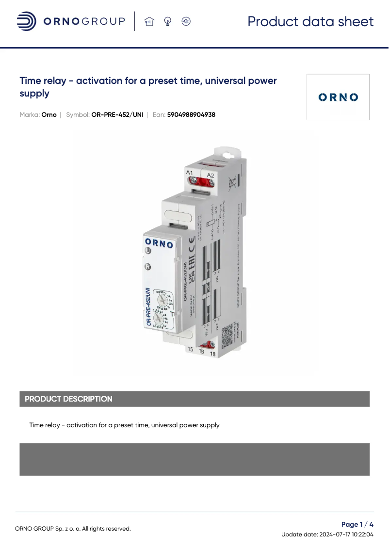 Page 1 of the manual Technical Sheet ORNO OR-PRE-452