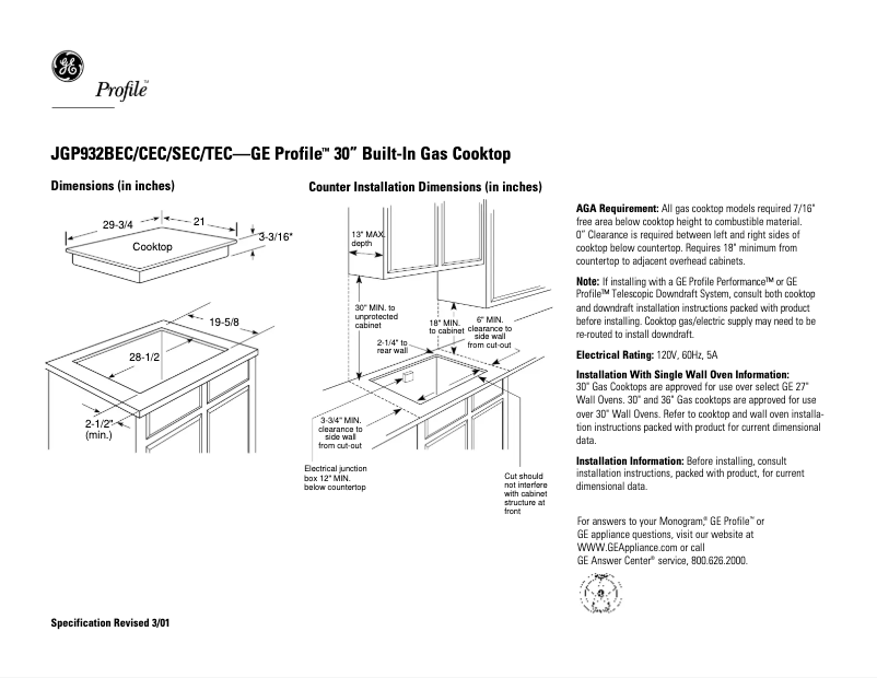 Page 1 of the manual Technical Sheet GE Profile Performance JGP932CECCC