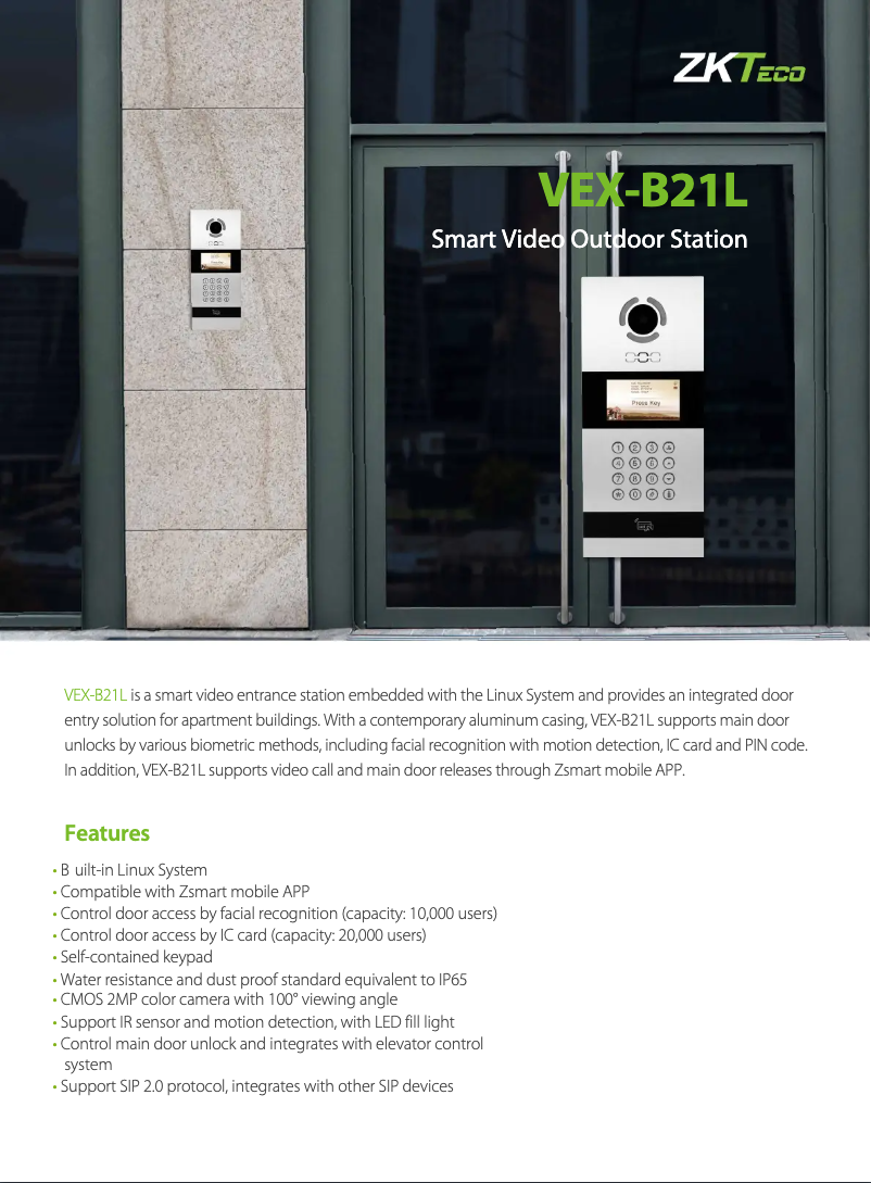 Page 1 de la notice Fiche technique ZKTeco VEX-B21L