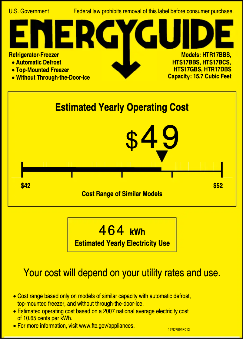 Page 1 de la notice Label énergétique Hotpoint HTR17DBSWW