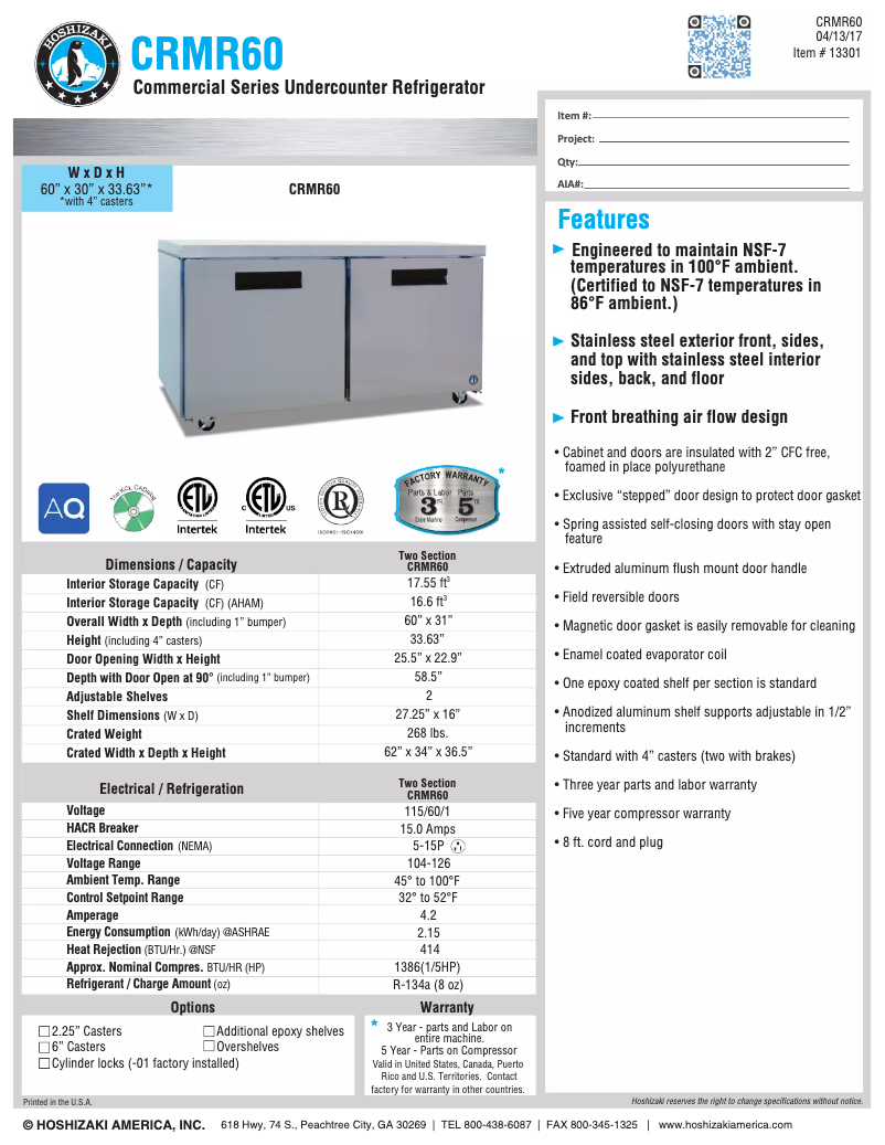 Page 1 de la notice Fiche technique Hoshizaki CRMR60