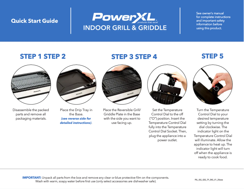 Page 1 de la notice Guide de démarrage rapide PowerXL Indoor Grill & Griddle HRG2100