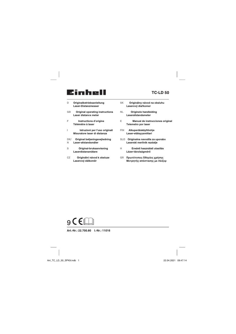 Page 1 de la notice Manuel utilisateur Einhell TC-LD 50