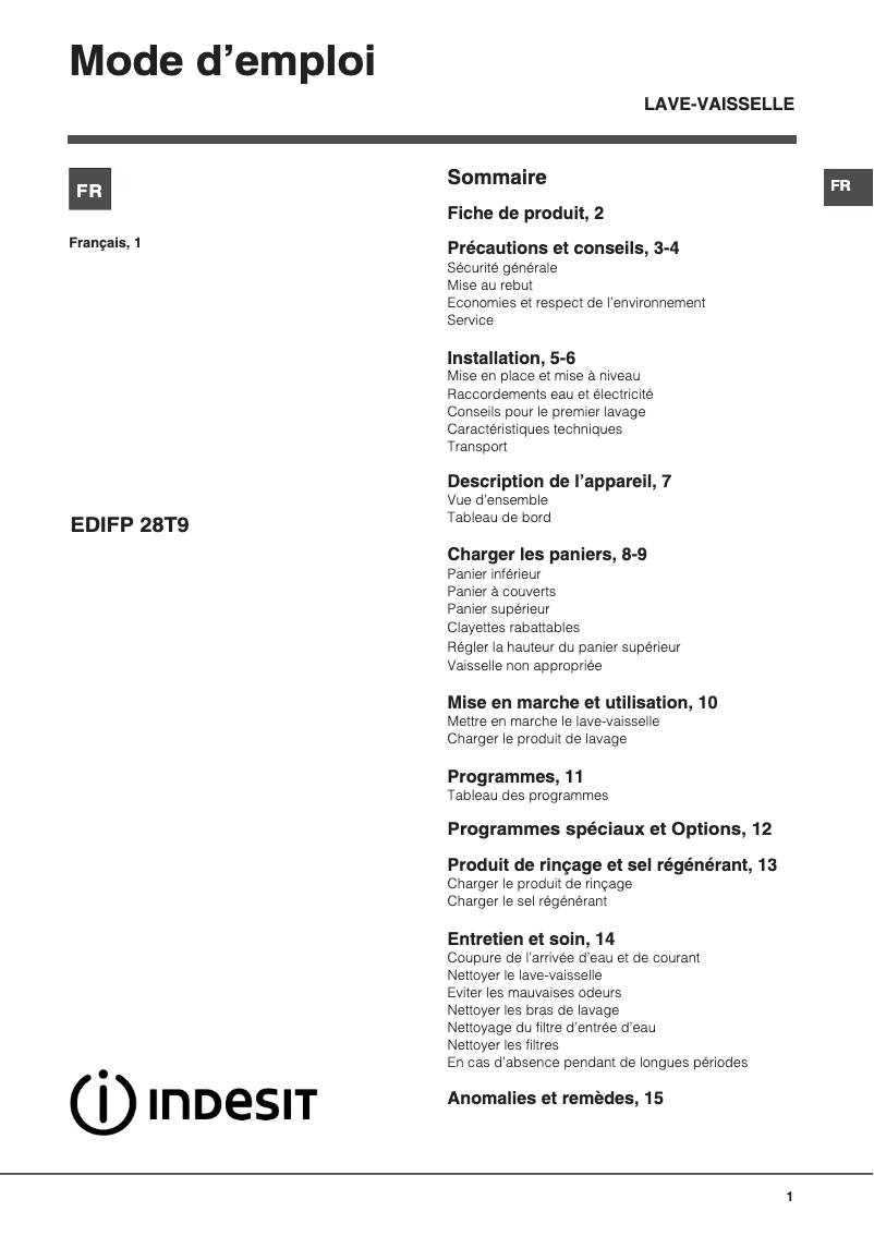 Page n°1 - Manuel utilisateur Indesit EDIFP 28T9