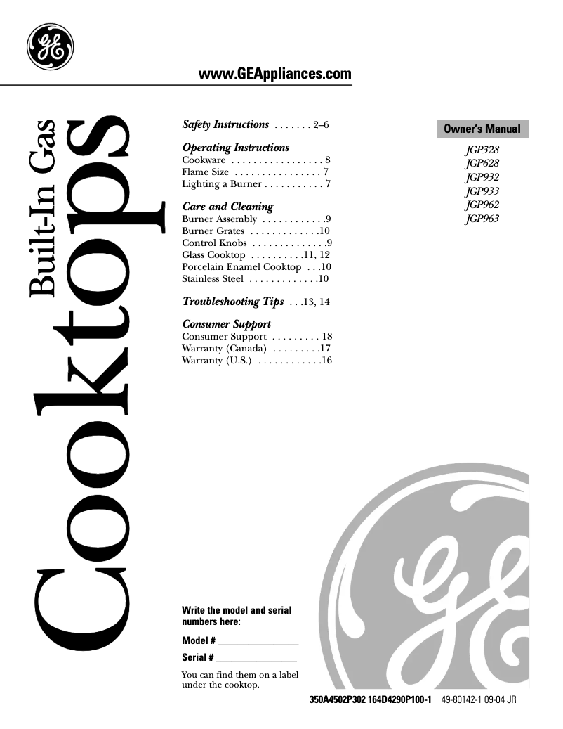 Page 1 of the manual Use and Maintenance Manual GE Profile Performance JGP932CECCC