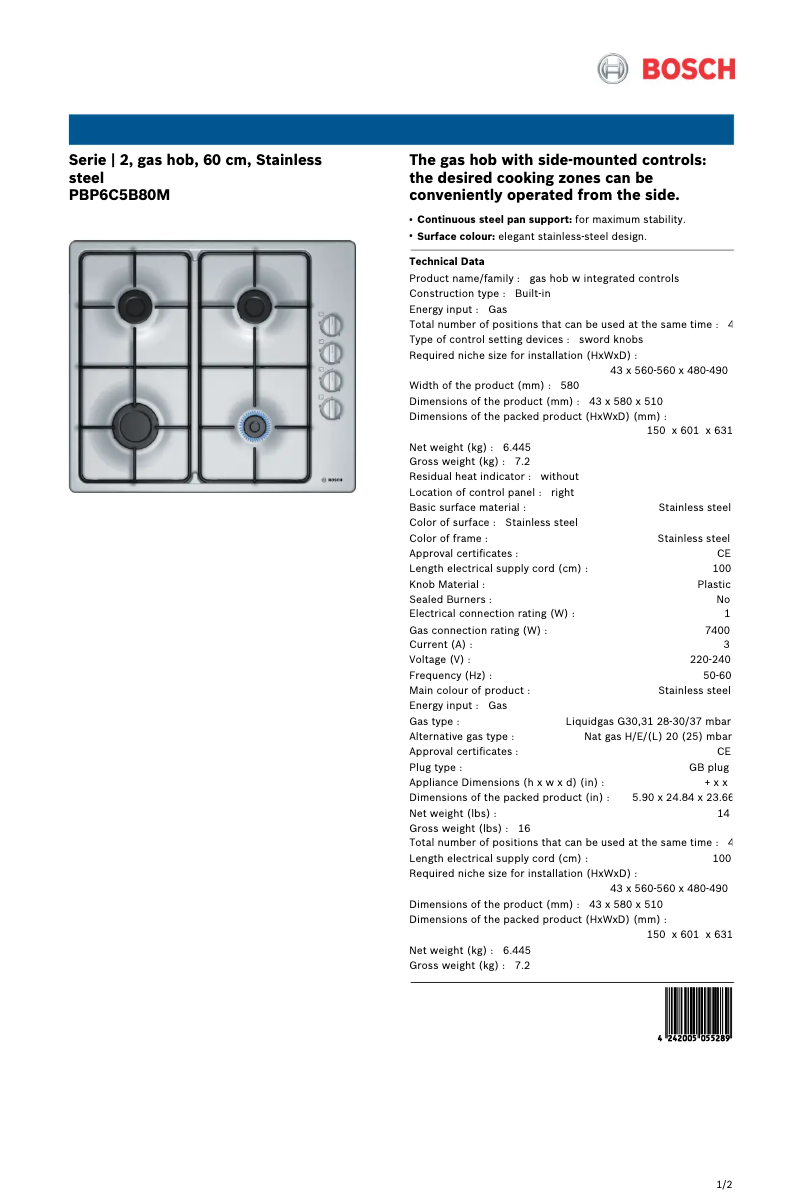 Page 1 de la notice Fiche technique Bosch PBP6C5B80M
