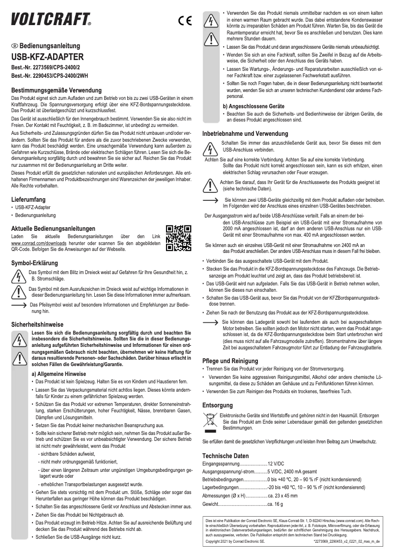 Page 1 de la notice Manuel utilisateur Voltcraft CPS-2400/2WH