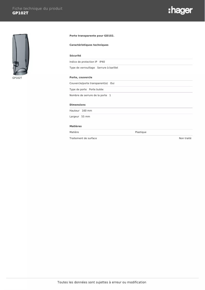 Page 1 de la notice Fiche technique Hager GP102T