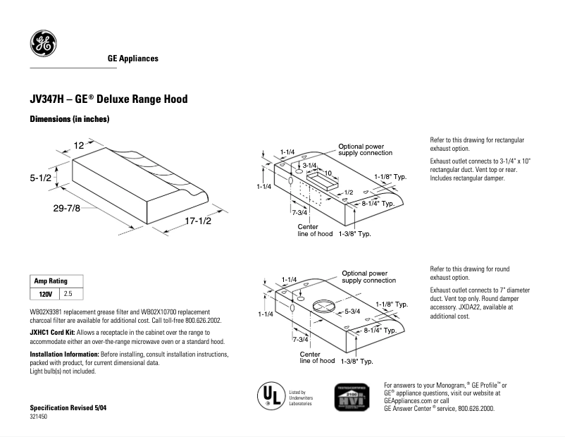 Page 1 of the manual Technical Sheet GE JV347HWW