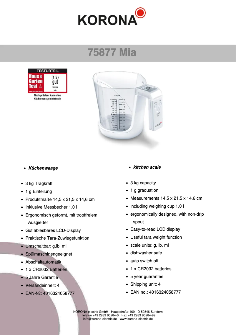 Página 1 del manual Ficha técnica Korona Mia 75877