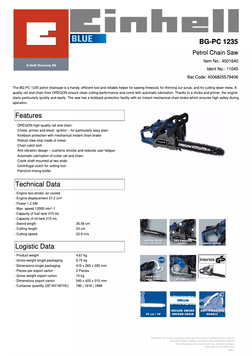 Page 1 de la notice Fiche technique Einhell BG-PC 1235