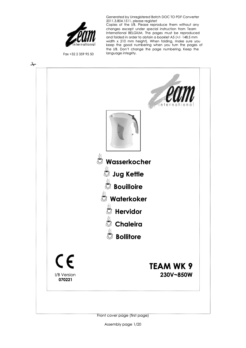 Page 1 de la notice Manuel utilisateur Team WK 9