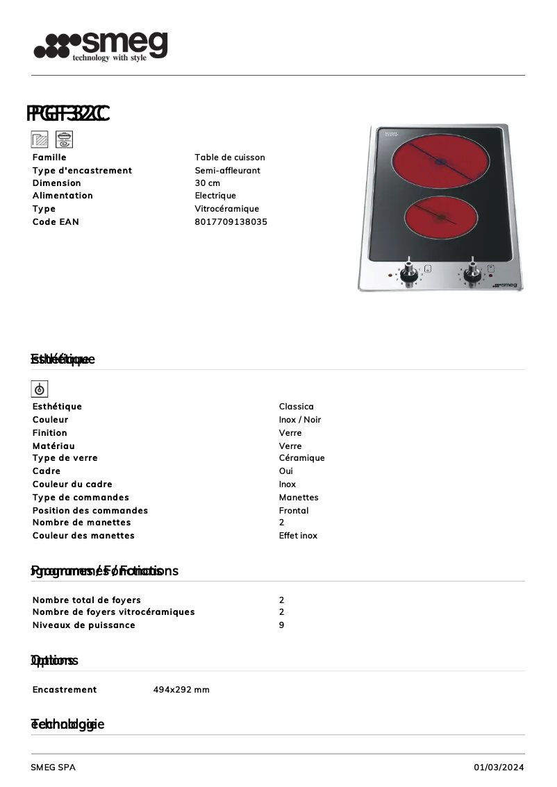 Página 1 del manual Ficha técnica Smeg PGF32C