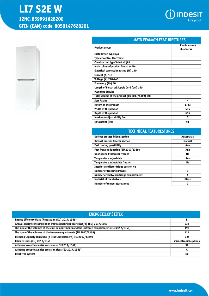 Página 1 del manual Ficha técnica Indesit LI7 S2E W