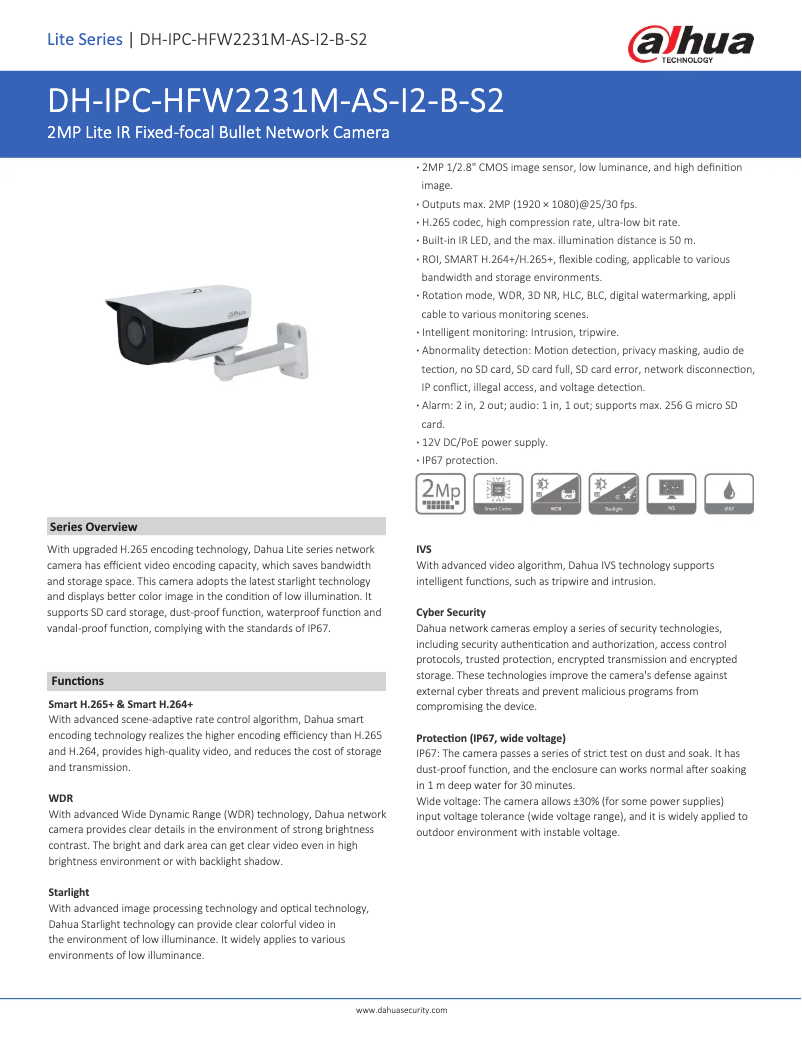 Page 1 de la notice Fiche technique Dahua Technology IPC-HFW2231M-AS-I2-B-S2