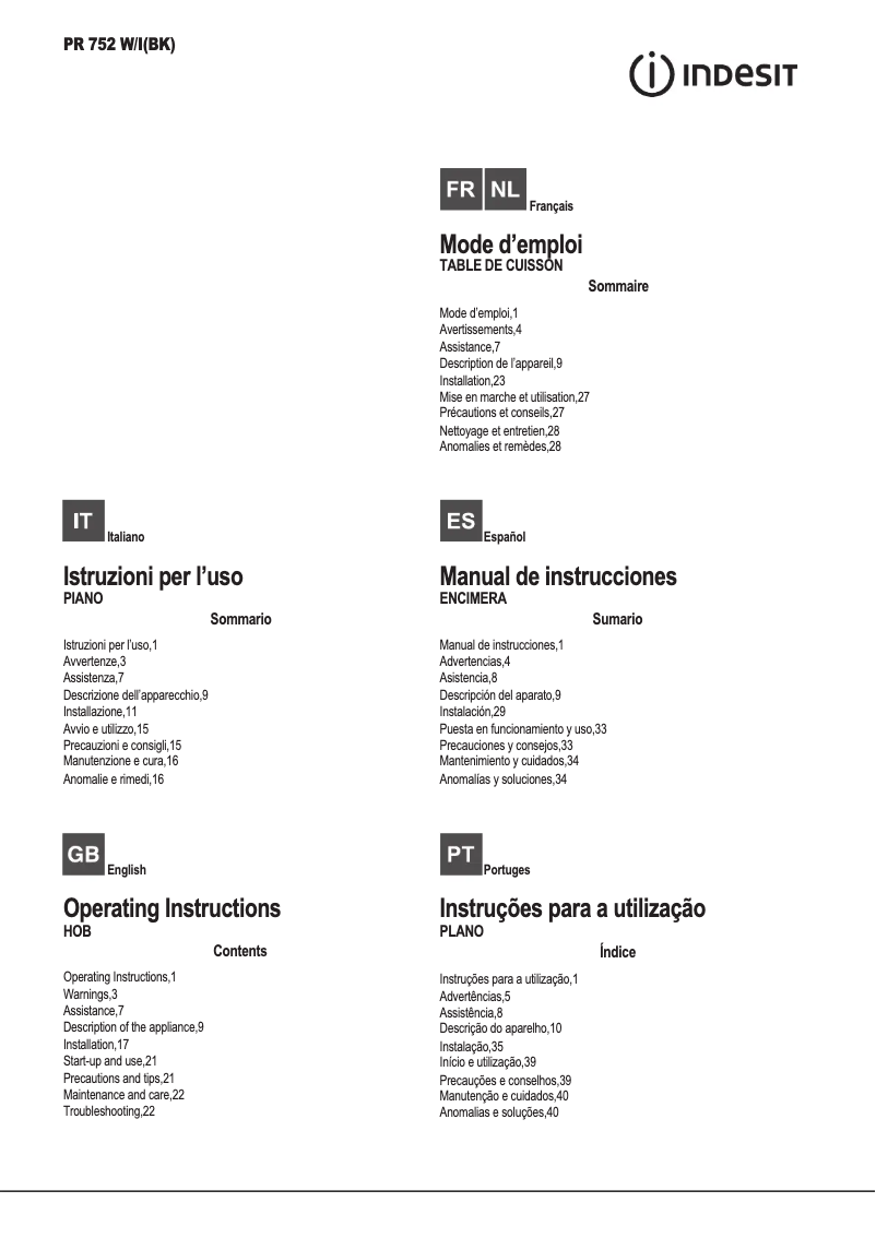 Page n°1 - Manuel utilisateur Indesit PR 752 W/I(BK)