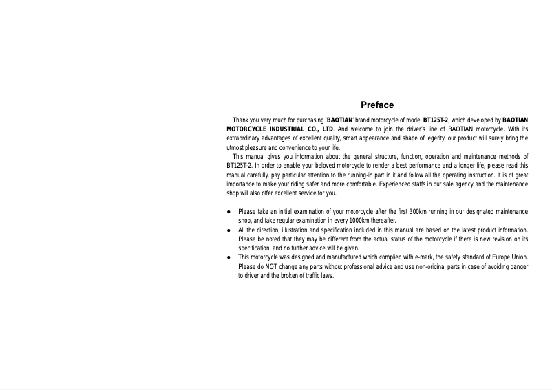 Page 1 de la notice Manuel utilisateur Baotian BT125T-2