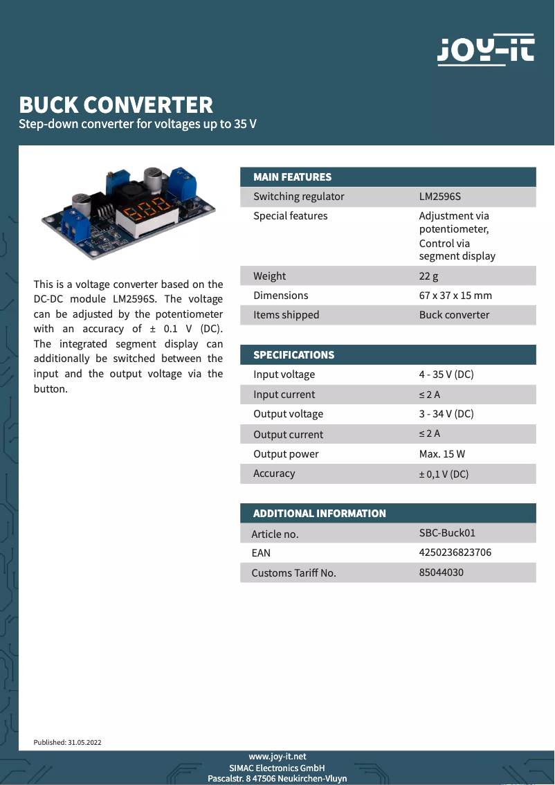 Page 1 de la notice Fiche technique Joy-It SBC-Buck01