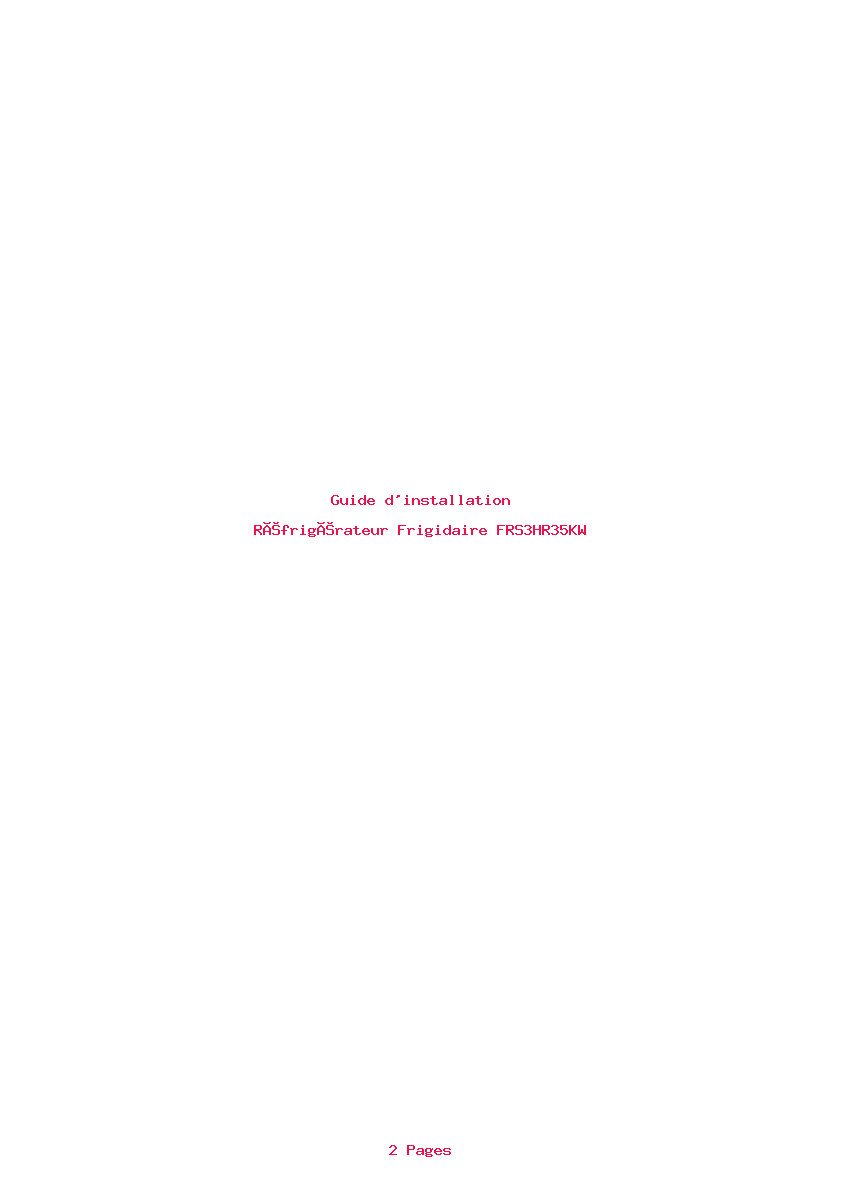 Page 1 de la notice Guide d'installation Frigidaire FRS3HR35KW