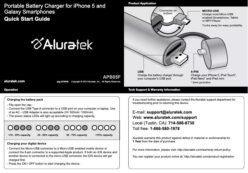 Page 1 de la notice Manuel utilisateur Aluratek APB05F