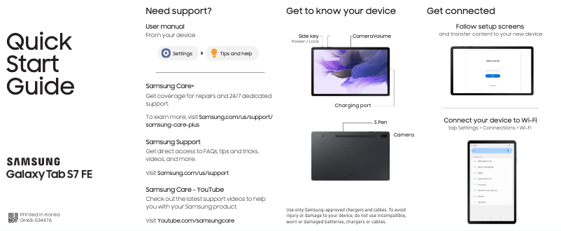 Page 1 de la notice Guide de démarrage rapide Samsung Galaxy Tab S7 FE