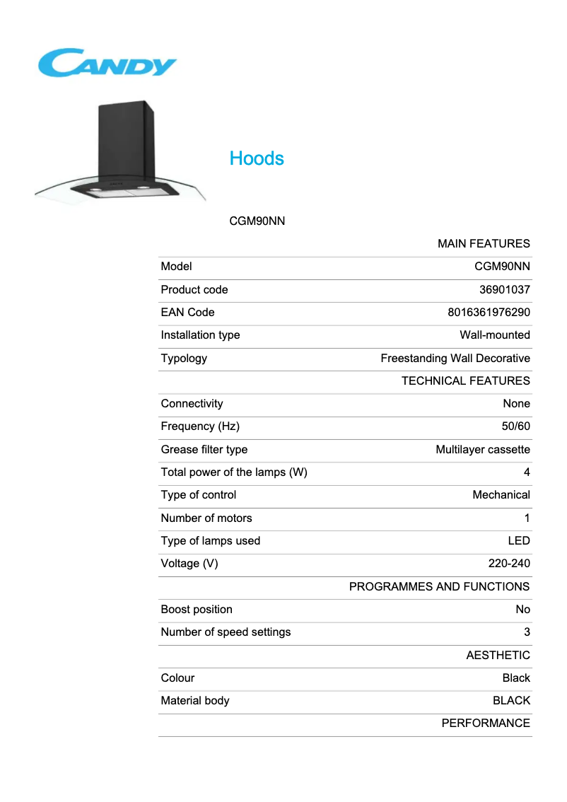Page 1 de la notice Fiche technique Candy CGM90NN
