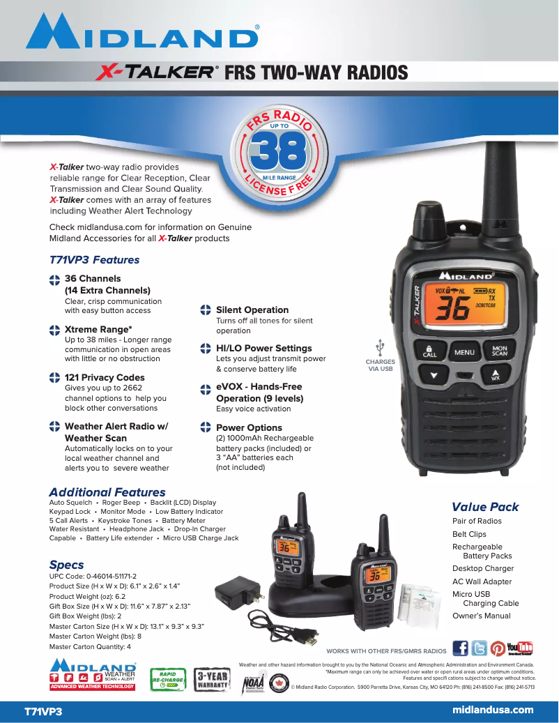 Page 1 de la notice Fiche technique Midland X-Talker T71VP3