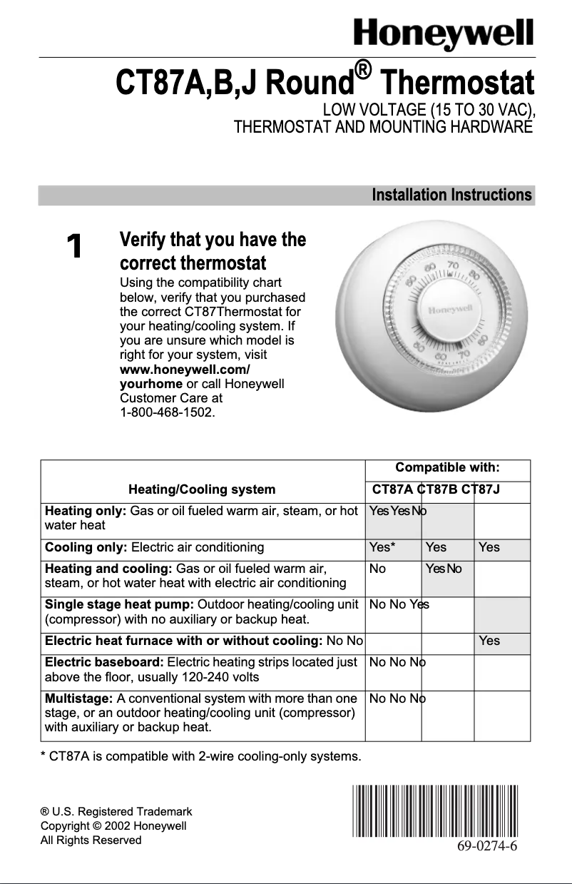 Page 1 de la notice Manuel utilisateur Honeywell CT87B