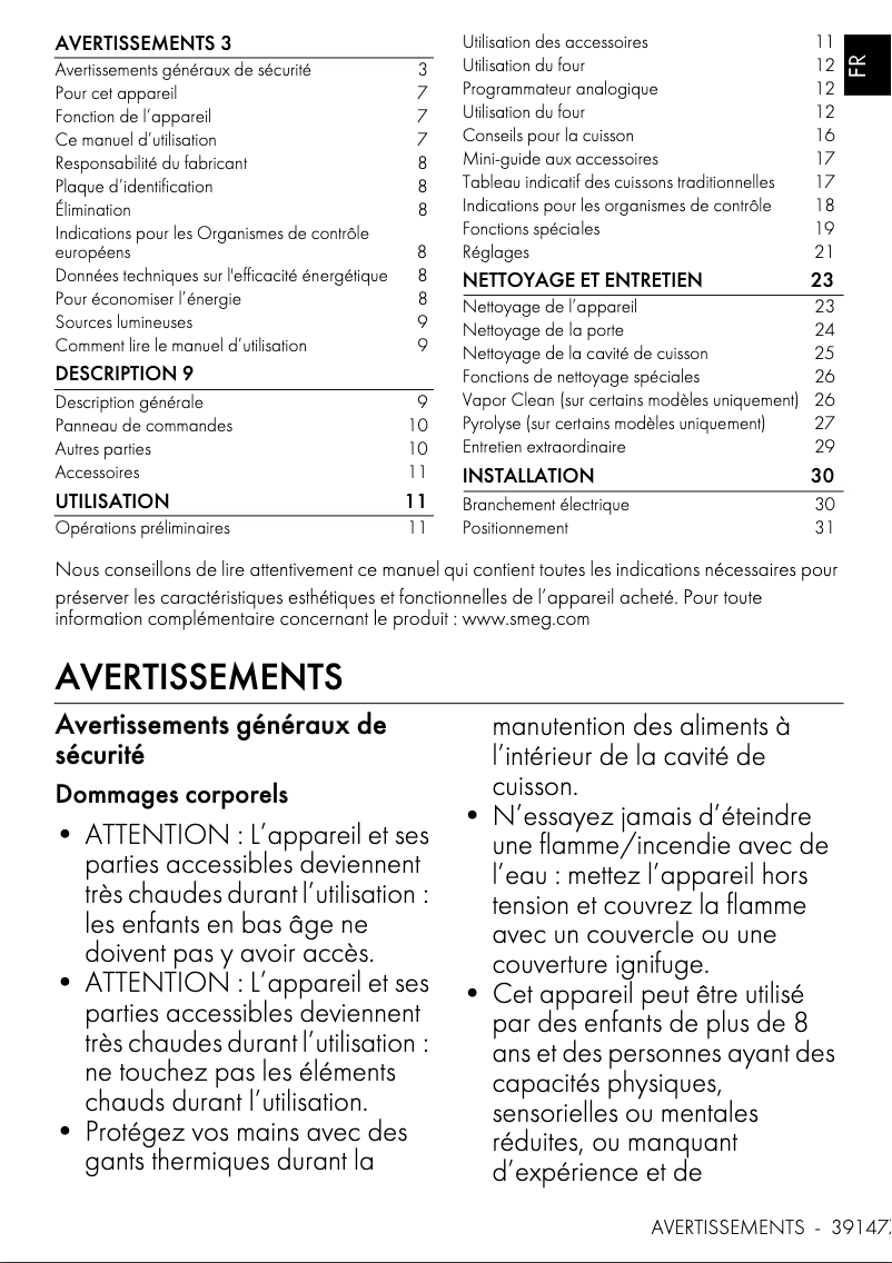 Page 1 de la notice Manuel utilisateur Smeg SFP641PNO1
