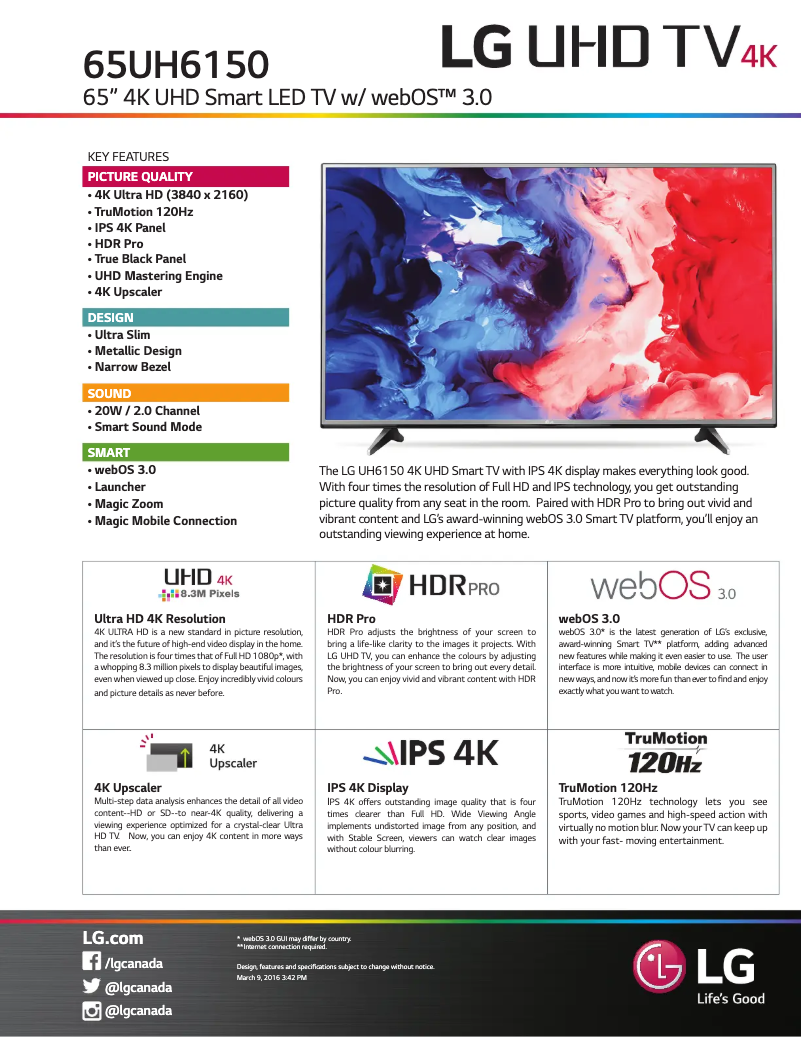 Page 1 de la notice Fiche technique LG 65UH6150