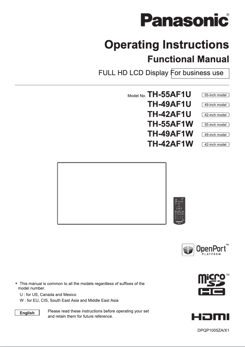 Page 1 de la notice Manuel utilisateur Panasonic TH-55AF1