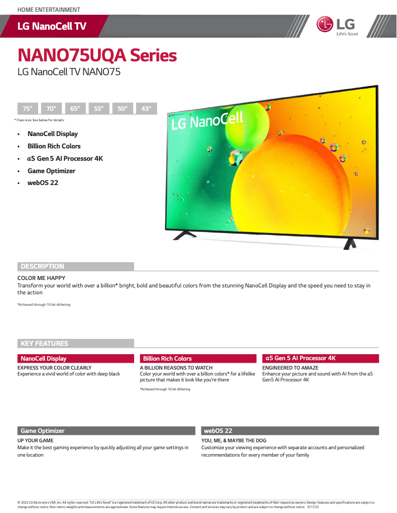 Page 1 de la notice Fiche technique LG 43NANO75UQA
