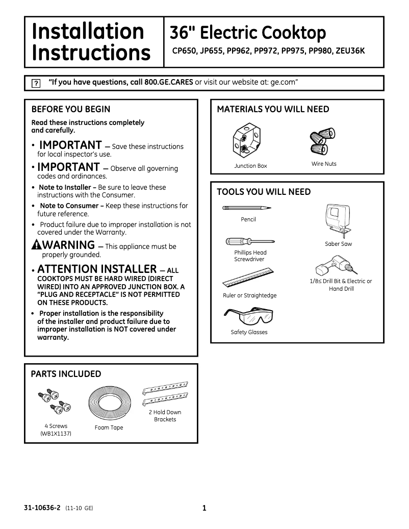Page n°1 - Guide d'installation GE JP655BMBB
