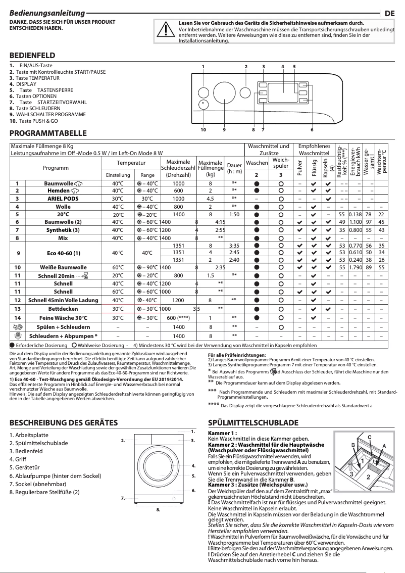 Page 1 de la notice Manuel d'utilisation et d'entretien Privileg PWFV X 853 N