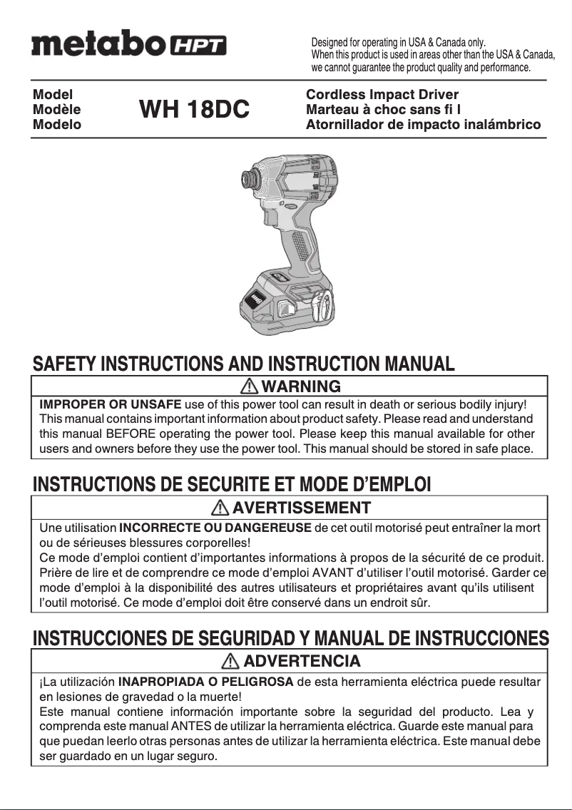 Page 1 de la notice Manuel utilisateur HiKOKI WH18DC