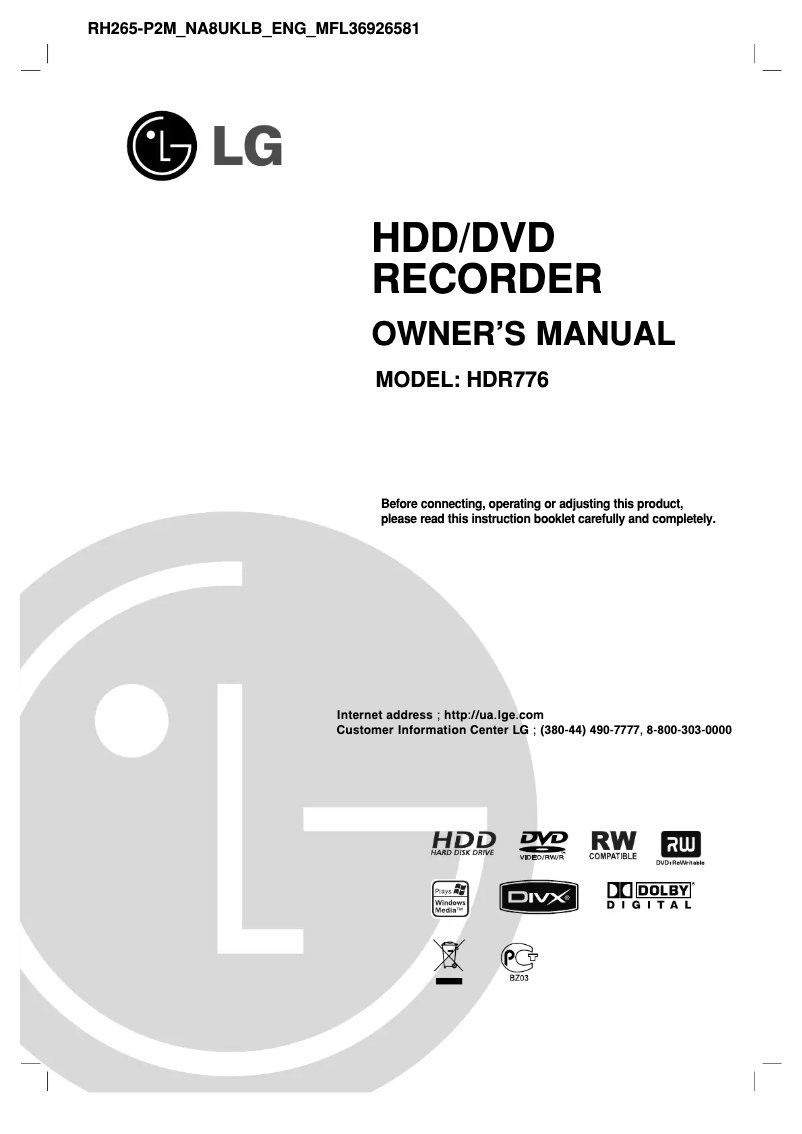 Page 1 of the manual User Manual LG HDR776