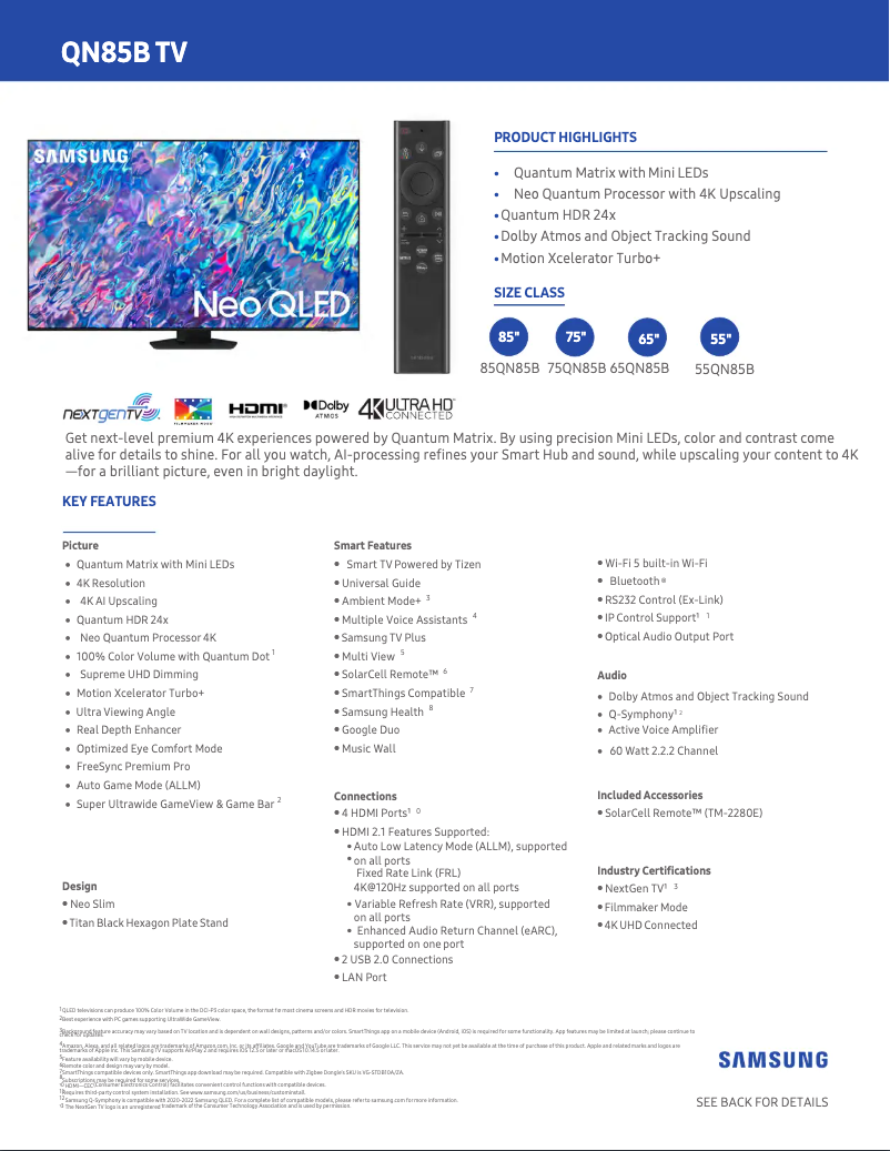 Página 1 del manual Ficha técnica Samsung QN55QN85B