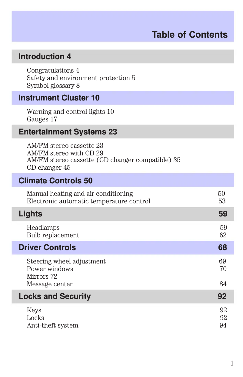 Page 1 de la notice Manuel utilisateur Mercury Grand Marquis (1998)