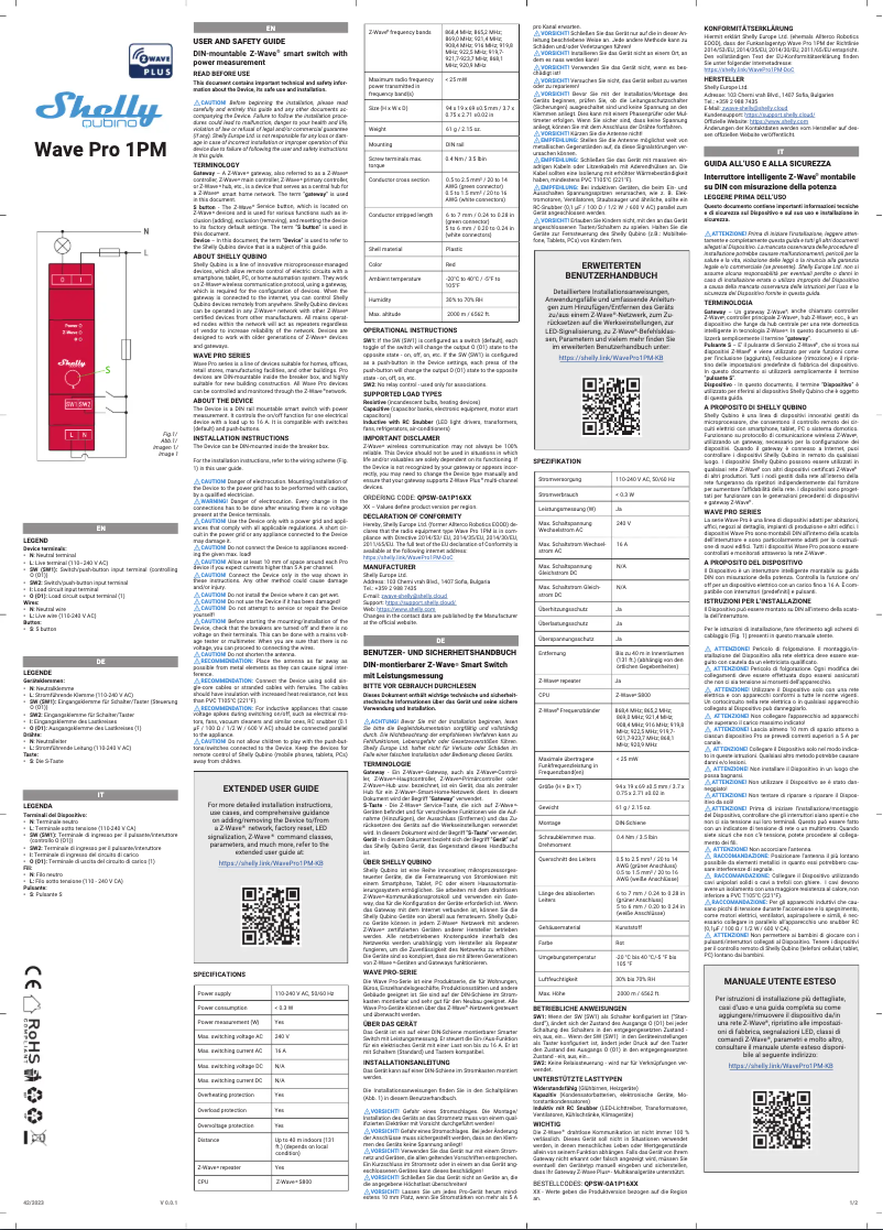 Page 1 de la notice Manuel utilisateur Shelly Wave Pro 1PM