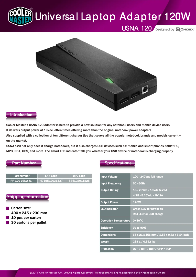 Page 1 de la notice Fiche technique Cooler Master USNA 120