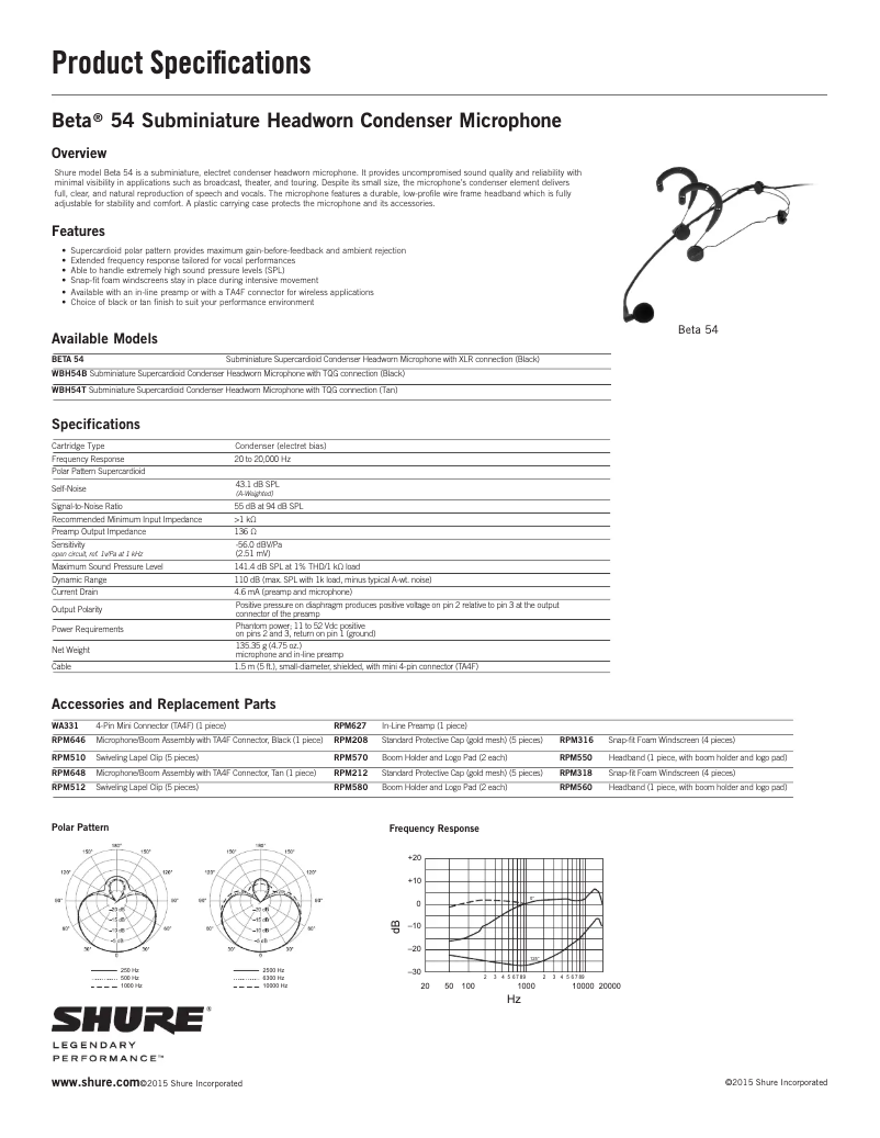 Page 1 de la notice Fiche technique Shure BETA 54