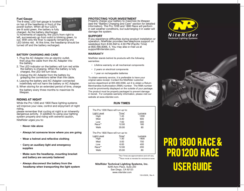 Page 1 de la notice Manuel utilisateur NiteRider Pro 1200 Race
