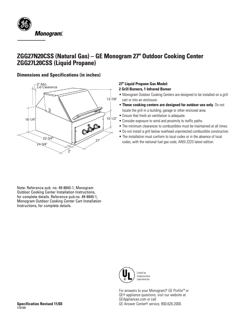 Page 1 of the manual Technical Sheet GE ZGG27L20CSS