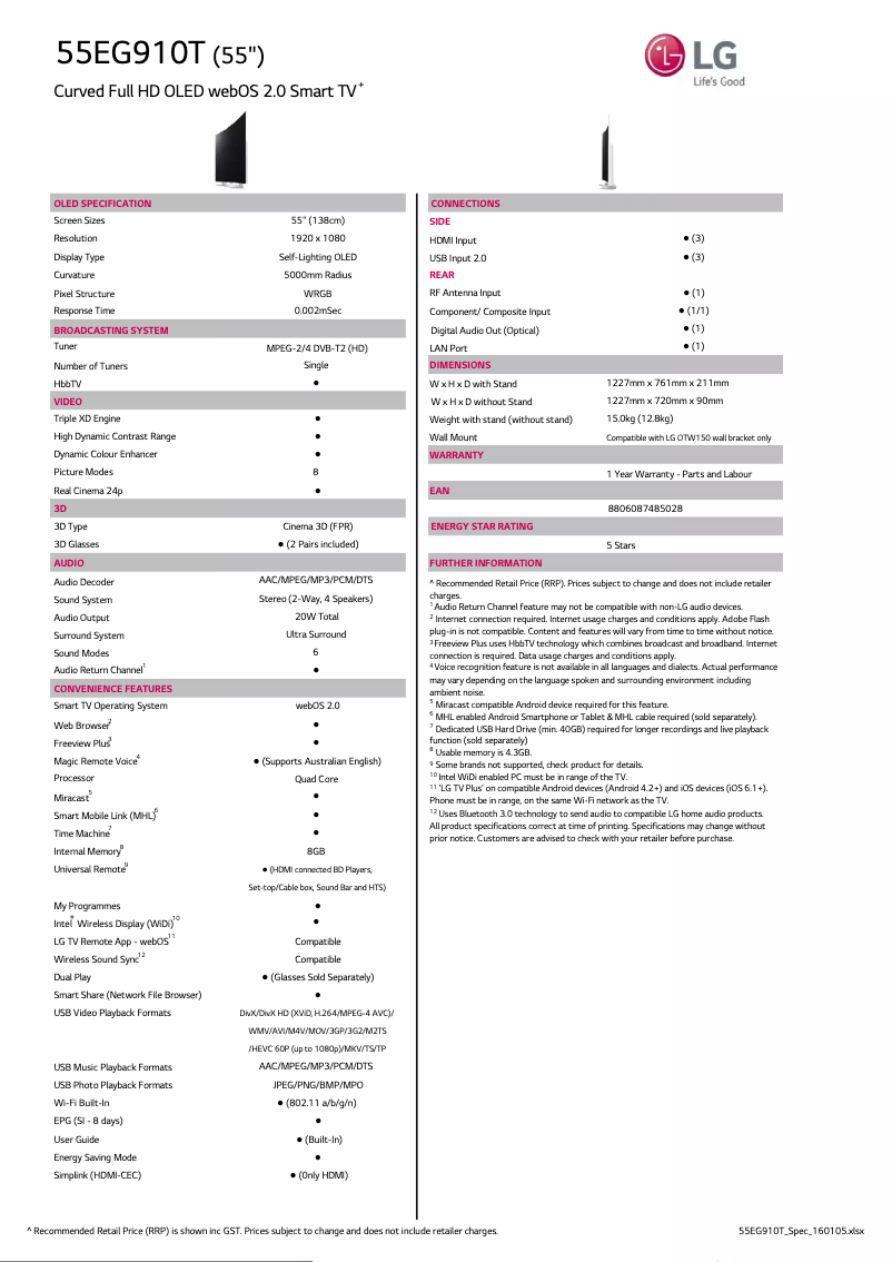 Page 1 de la notice Fiche technique LG 55EG910T