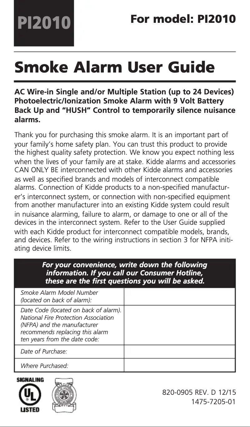 Page 1 de la notice Manuel utilisateur Kidde Pi2010