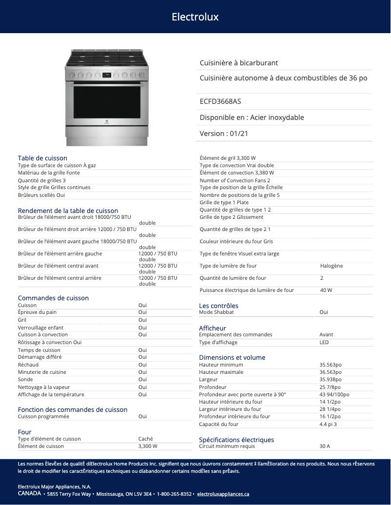 Page 1 de la notice Fiche technique Electrolux ECFD3668AS