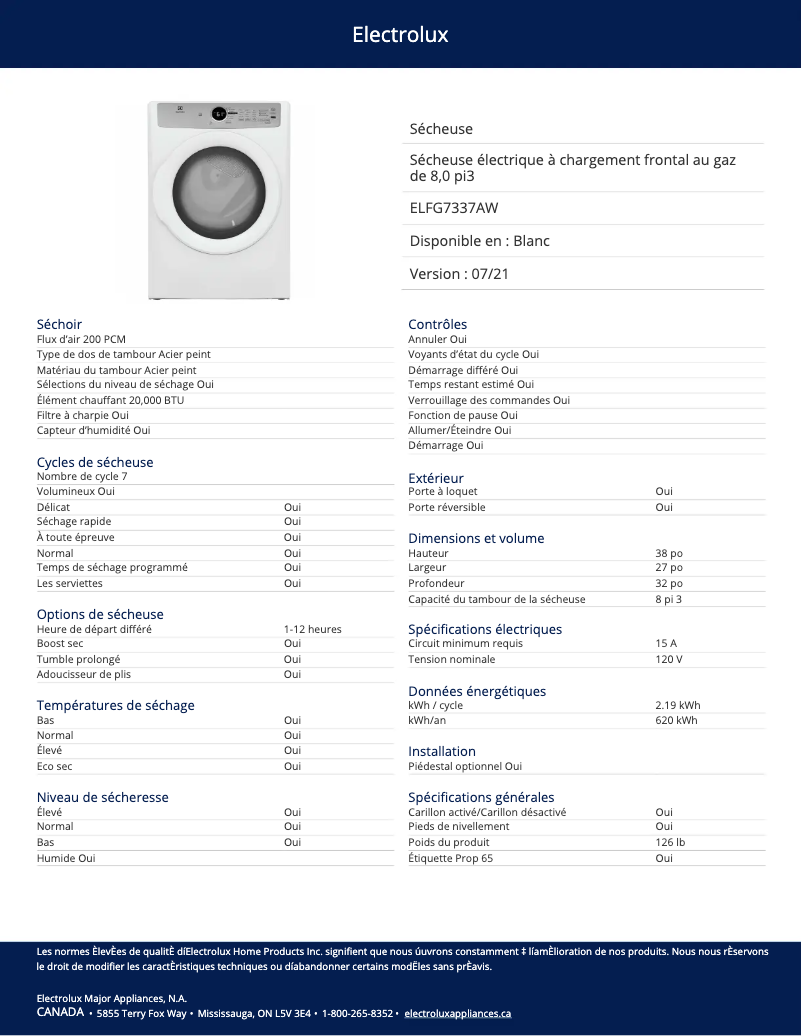 Page 1 de la notice Fiche technique Electrolux ELFG7337AW