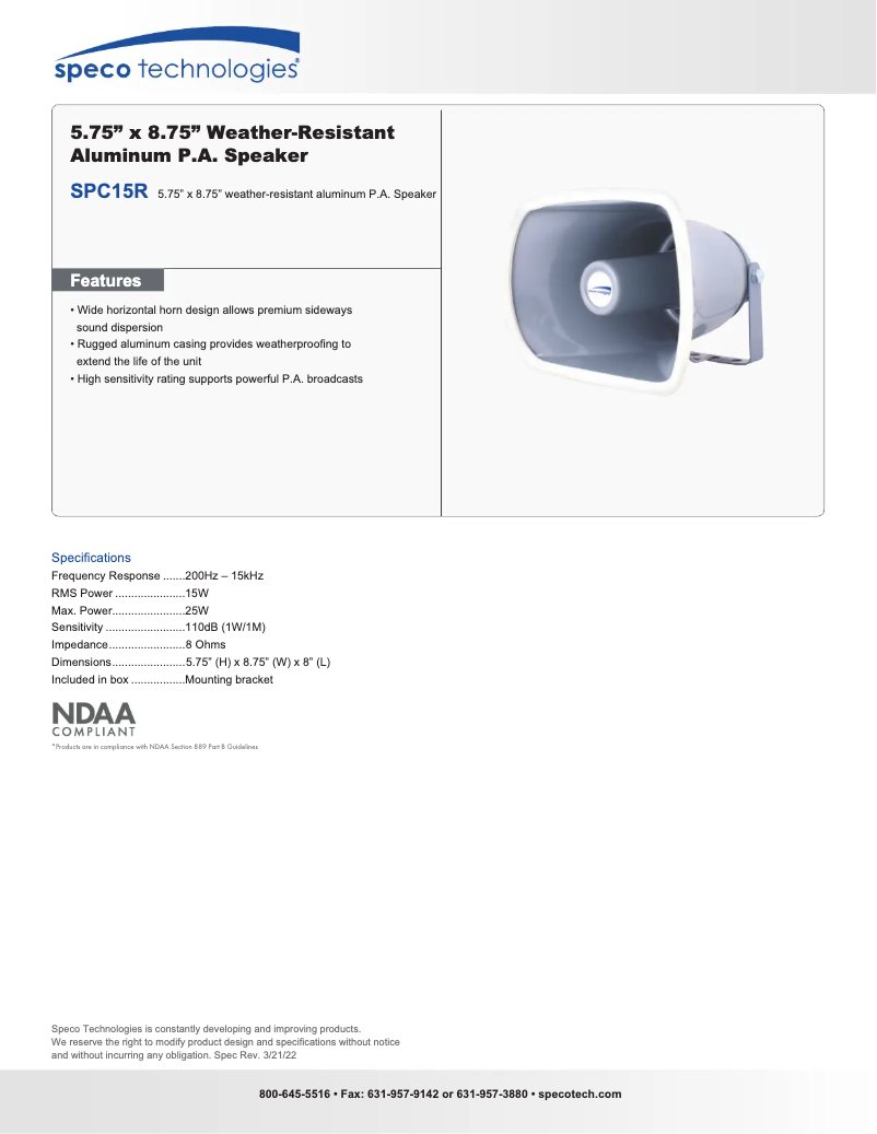 Page 1 de la notice Fiche technique Speco Technologies SPC15R