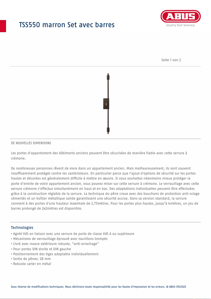 Página 1 del manual Ficha técnica Abus TSS550