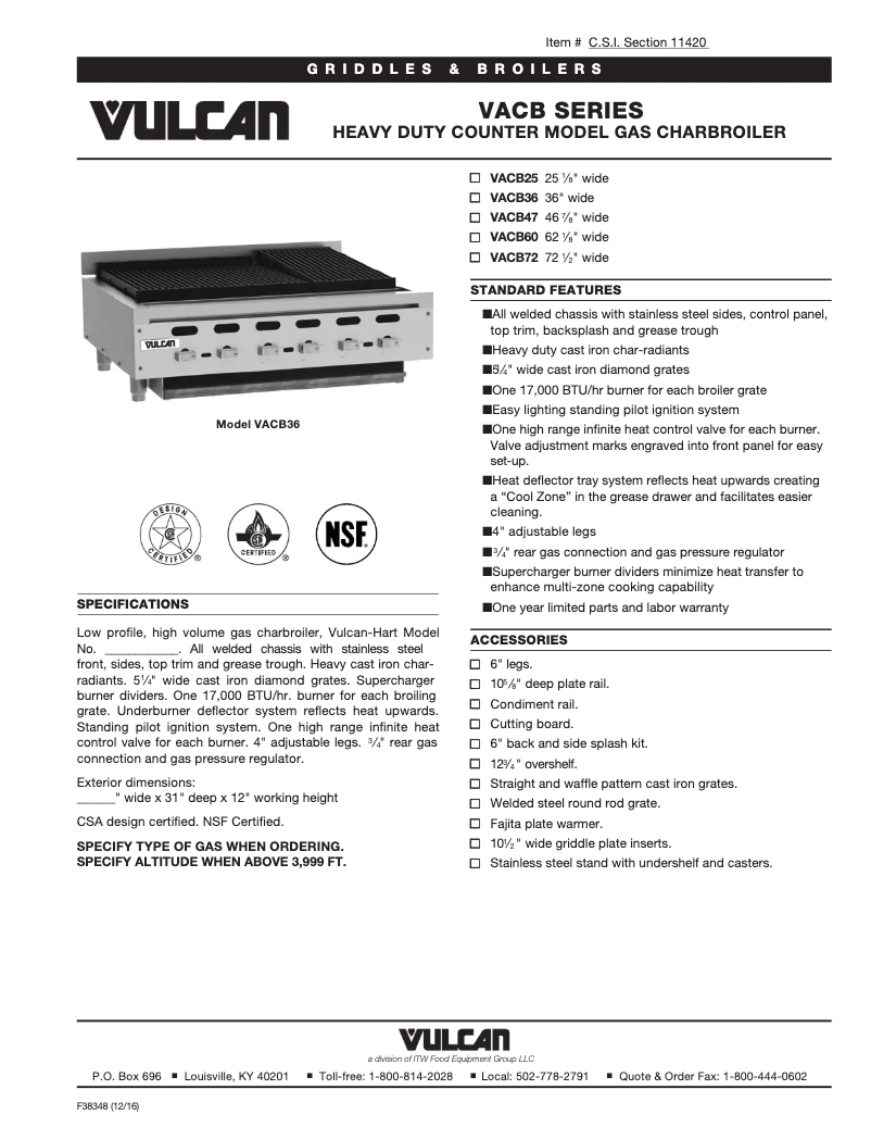 Page 1 de la notice Fiche technique Vulcan VACB36
